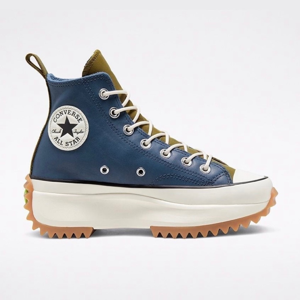 Converse Run Star Hike Hi Platform Leather Shoe - Navy Blue Green Size 5.5